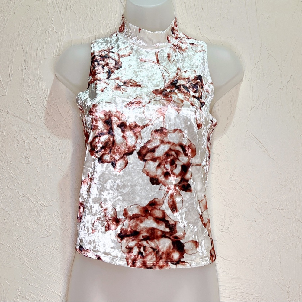 Y2K Crushed Velvet Floral Mock Neck Top Womens M Dark Romantic Fairy Goth Tank